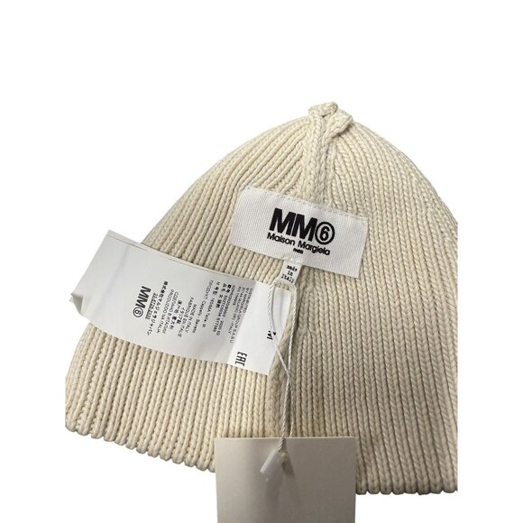 Maison Margiela MM6 Ribbed Knit Beanie With Embroidered "6" Logo In Cream - Picture 6 of 11